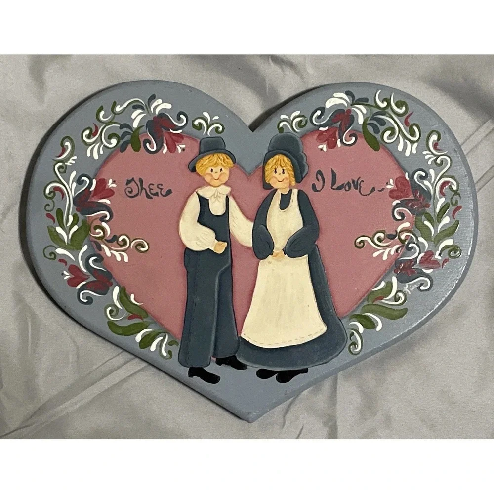 VTG Wooden Heart Shaped Hand‎ Painted Folk Art Wall Decor Cottage Farm